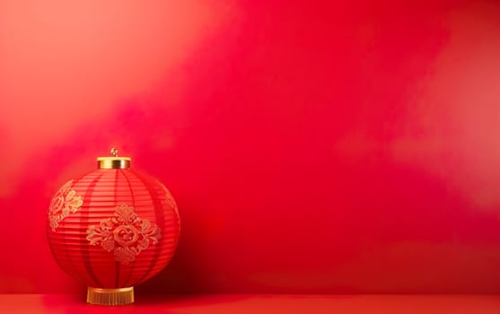 Spring Festival Poster. Minimalistic modern banner template with one lantern. Chinese New Year decorations on bright red background, copy space. AI Generative photo