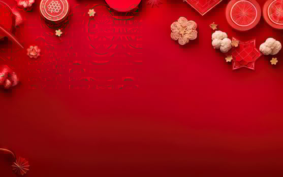 Spring Festival Poster. Banner template. Chinese New Year decorations on bright red background, copy space, flatlay, top view. AI Generative photo