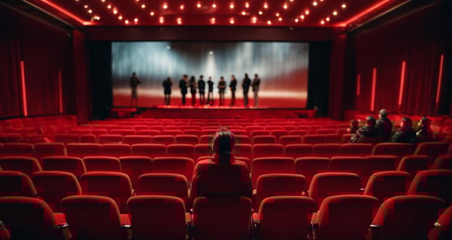 Cinema auditorium with red seats and projector screen. Back view of unrecognizable people sitting in cinema hall. AI Generative photo