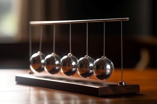 Newtons cradle wooden table sphere. Generate Ai photo