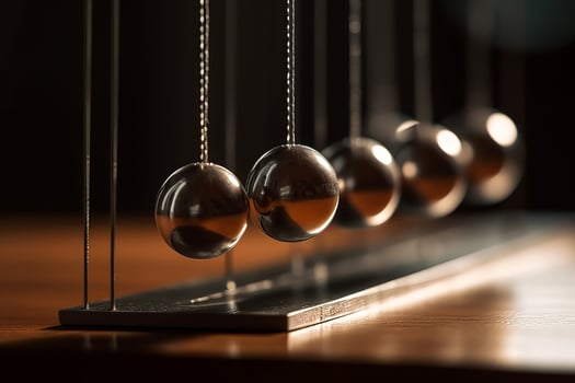 Newtons cradle wooden table circle. Generate Ai photo