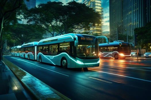 Electric buses move along a busy city street with zero emissions. A modern driverless bus on the street of a future green city. A futuristic city with electric public transport. Ai generative photo