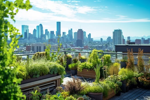 Urban green roof garden overlooking the city skyline. Ai generative photo