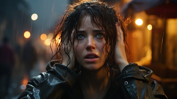 Stress and Anxiety in Urban Life, Young Woman in a State of Panic on a Busy City Street - Highlighting the Importance of Mental Health Awareness, Ai generative photo