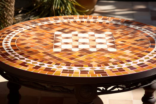 Mediterranean style mosaic tile coffee table for outdoor patio with warm terracotta. Ai generative photo
