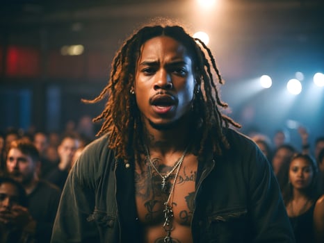 AI generated portrait of African American male singer with dreadlocks performing on stage, people and music background photo