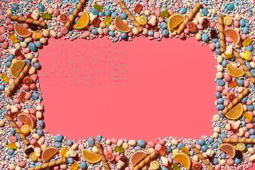 Multicolored glazed dragees and other sweets are arranged in the form of a frame on a coral background. photo