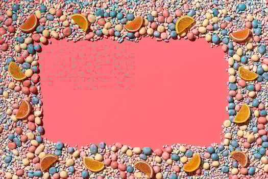 Multicolored glazed dragees and other sweets are arranged in the form of a frame on a coral background. photo