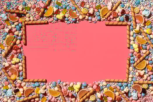 Multicolored glazed dragees and other sweets are arranged in the form of a frame on a coral background. photo