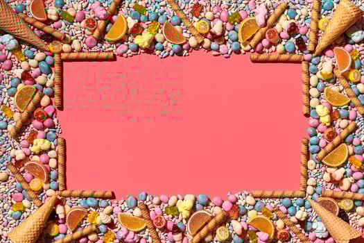 Multicolored glazed dragees and other sweets are arranged in the form of a frame on a coral background. photo