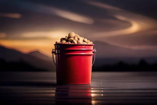 a red bucket filled with nuts on a wooden table. AI-Generated photo