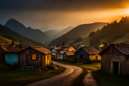 photo wallpaper the sky, mountains, road, village, sunset, the road, the village,. AI-Generated