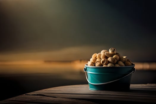 a bucket of nuts sitting on a wooden table. AI-Generated photo
