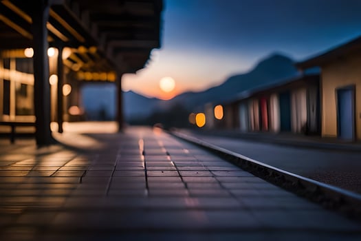 a train station at dusk with the sun setting behind it. AI-Generated photo