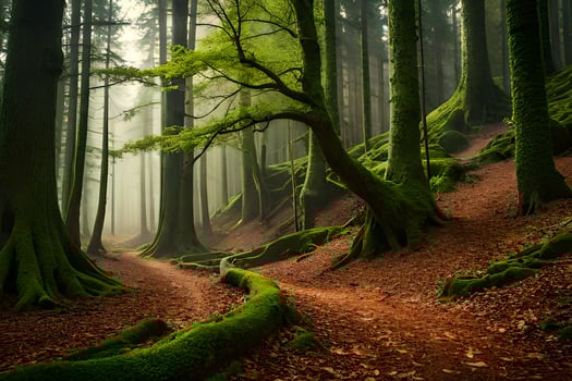 a path through a forest with trees and moss. AI-Generated photo
