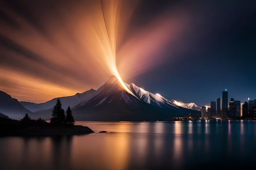 a mountain with light beams coming from it. AI-Generated photo
