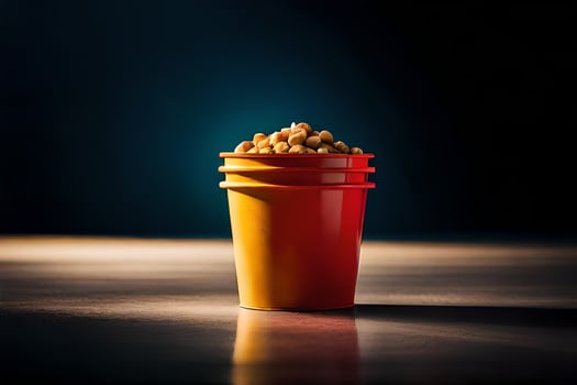 a red cup filled with popcorn on a dark table. AI-Generated photo
