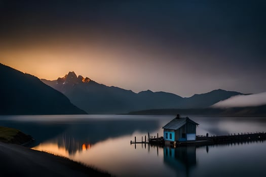 a small house sits on the shore of a lake at sunset. AI-Generated photo