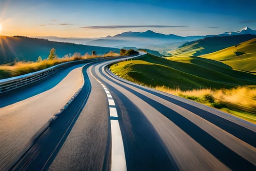 a winding road in the mountains with the sun setting. AI-Generated photo