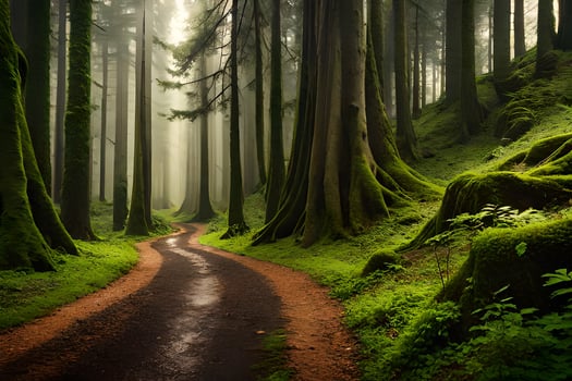 a path through a green forest with trees and moss. AI-Generated photo