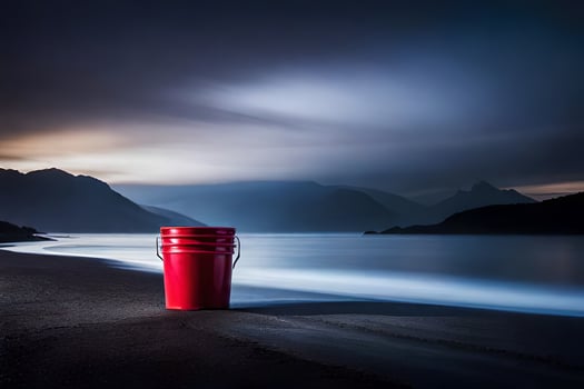 a red bucket sitting on the beach at night. AI-Generated photo