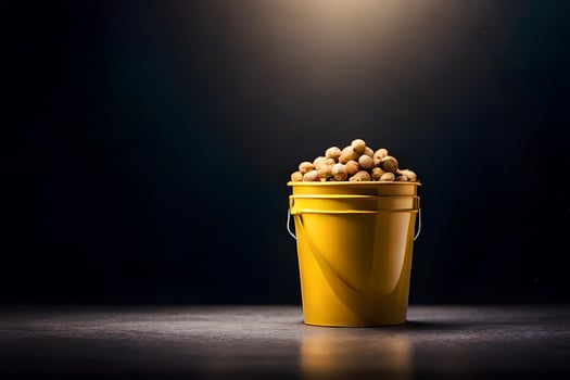 a bucket filled with peanuts on a dark table. AI-Generated photo