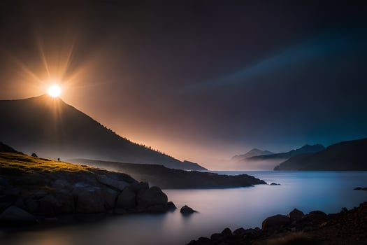 the sun shines brightly over a lake and mountains. AI-Generated photo