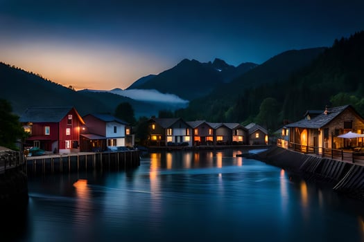 photo wallpaper the sky, mountains, water, houses, the sea, the mountains, the sea. AI-Generated
