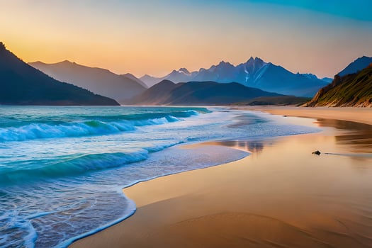 the beach and mountains at sunset. AI-Generated photo