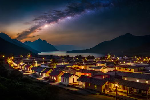the milky way over a village at night. AI-Generated photo