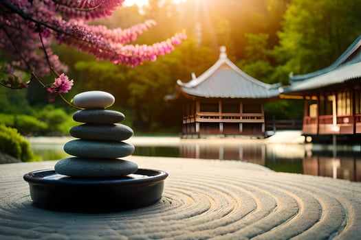 zen garden with stones and water in the background. AI-Generated photo