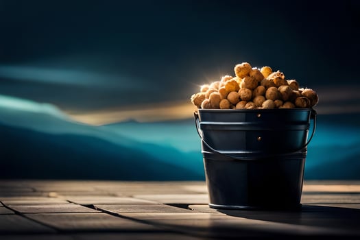 a bucket full of nuts on a wooden table. AI-Generated photo