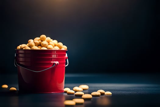 a bucket filled with peanuts on a dark table. AI-Generated photo