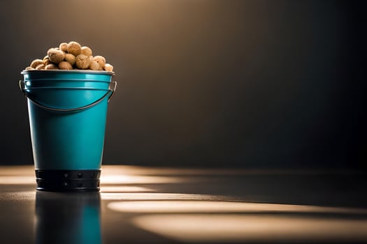 a bucket filled with peanuts on a table. AI-Generated photo