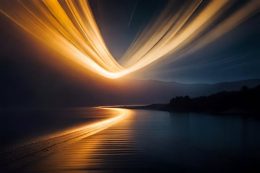 a long exposure photograph of a long line of light streaks over a lake. AI-Generated photo