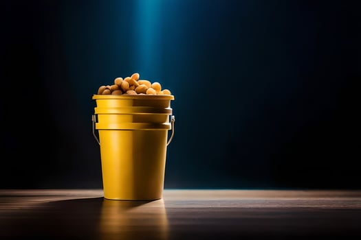 a bucket of peanuts on a table. AI-Generated photo