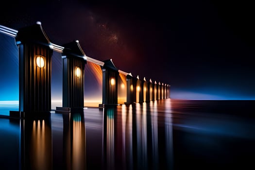 a long line of lights on the water at night. AI-Generated photo