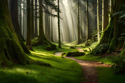 a path through a forest with trees and moss. AI-Generated photo
