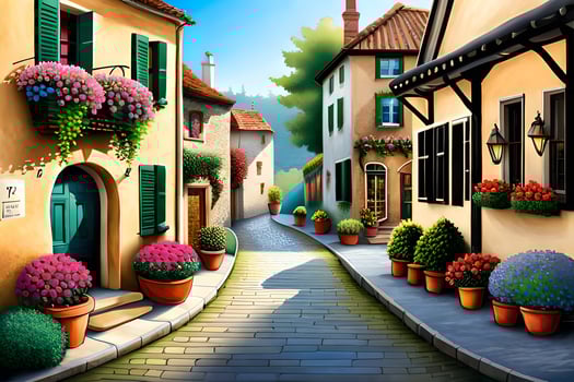 an illustration of a street with flowers and plants. AI-Generated photo