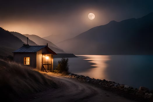 a small cabin sits on the side of a lake at night. AI-Generated photo