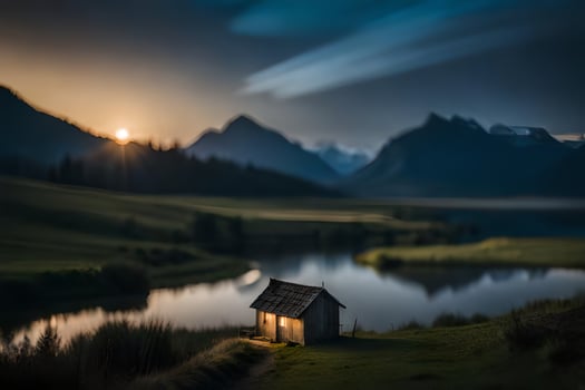 a small cabin sits on the edge of a lake at sunset. AI-Generated photo
