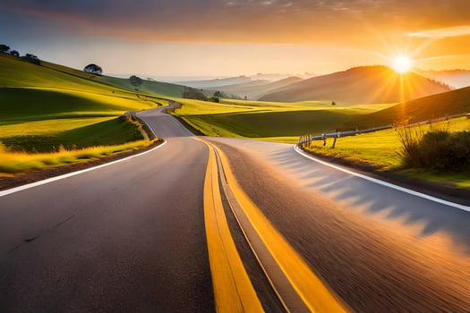 a road with the sun setting over the hills. AI-Generated photo