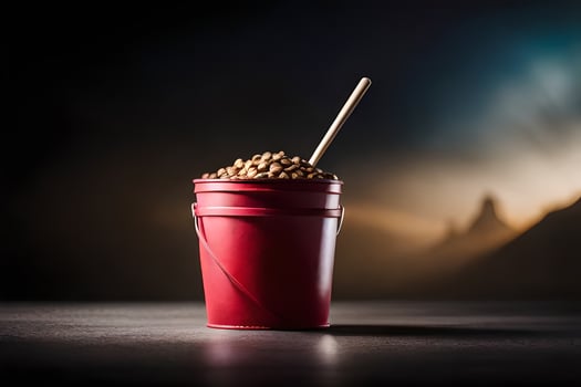 a bucket of coffee with a wooden stick. AI-Generated photo