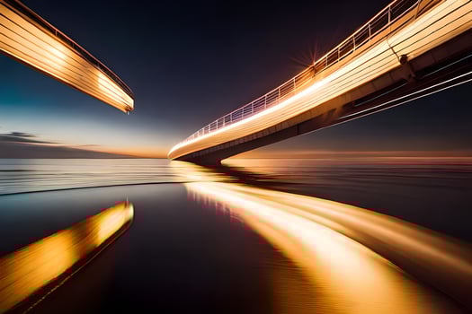 a bridge over the ocean at night with long exposure. AI-Generated photo