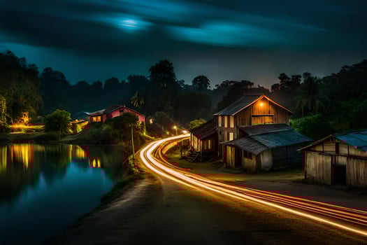a long exposure photograph of a river and houses at night. AI-Generated photo