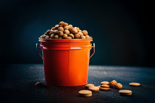 a bucket filled with peanuts on a dark table. AI-Generated photo