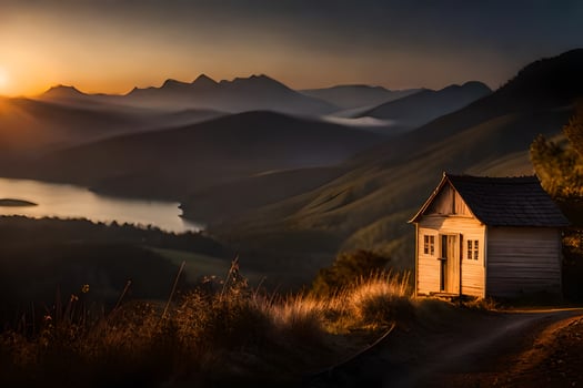 the sun rises over the lake and mountains. AI-Generated photo