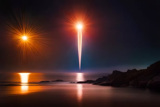 two bright lights are shining over the ocean. AI-Generated photo