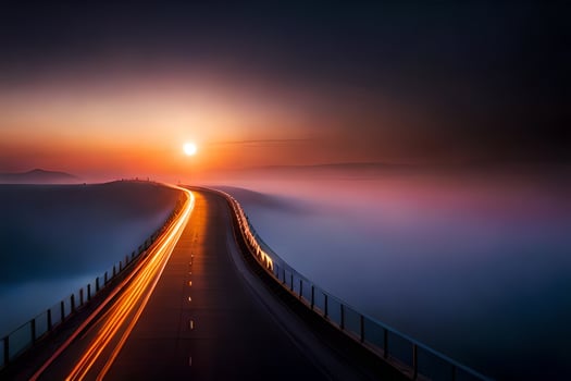 a long exposure photo of a bridge with the sun setting behind it. AI-Generated