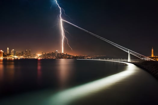 a lightning bolt is seen over the water and a city skyline. AI-Generated photo